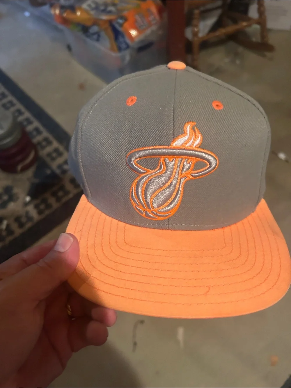 Vintage Miami heat, Adidas Gray and Neon Orange Basketball Logo Snapback Hat